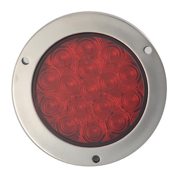 4" Red Round Tail/Stop/Turn Led Light With 16 Sq Leds And Red Lens - Steel Flange Mount, Stainless Steel Ring | F235497